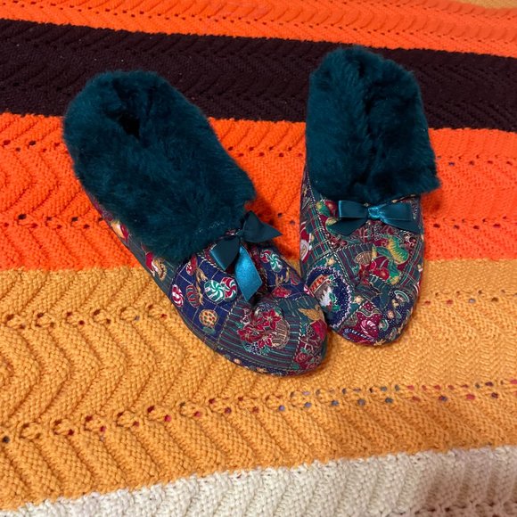 Christmas In the box 80s Sears green fur“Chintz” slipper boots with a nostalgic - Picture 11 of 13